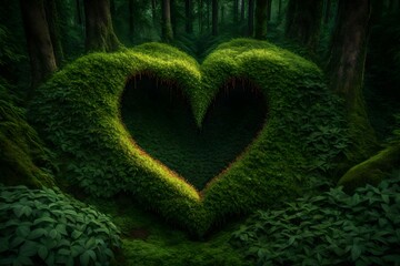 Generate an image of a heart-shaped opening in the dense foliage of a forest - obrazy, fototapety, plakaty