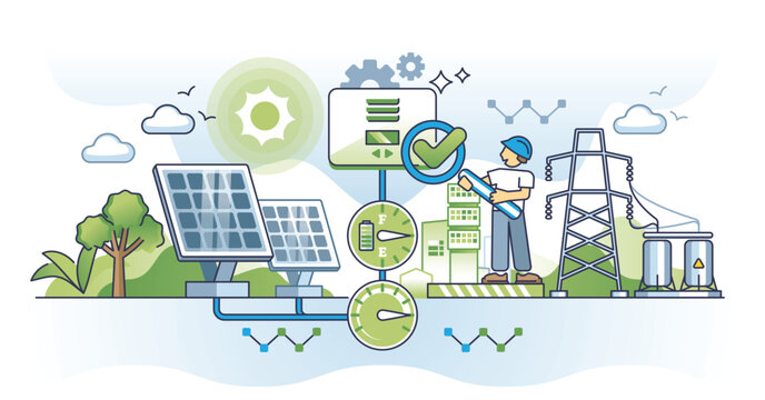 Solar energy charge controllers and power management system outline concept. PMS for sun panels to check electricity battery level vector illustration. Renewable generator installation or inspection