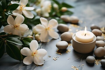  Serene spa arrangement with minimalist candle and stone decor, against a natural flower background, symbolizing harmony, Generative AI.