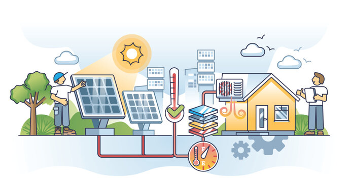 Solar Thermal Storage For Heat Accumulation And Storage Outline Concept. Sun Panels Usage For House Heating And Temperature Control Vector Illustration. Alternative And Ecological System Installation