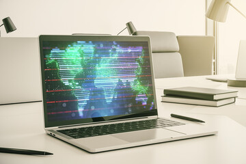 Modern computer screen with abstract creative digital world map, research and analytics concept. 3D Rendering