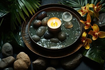 Spa setting featuring candles and stones, nestled amidst lush tropical foliage, on a light grey backdrop, inviting calmness, Generative AI