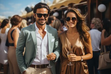 Attractive glamour couple man and woman with wine glasses in yacht forum marinas in sunny day.