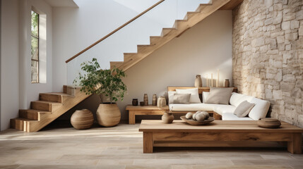 Living room interior with stairs.