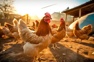 farm chickens outdoors under sunlight. Generative AI - obrazy, fototapety, plakaty
