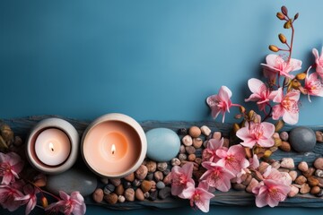 Tranquil spa scene featuring candles and stones on a soothing pastel background, symbolizing serenity and peace, Generative AI