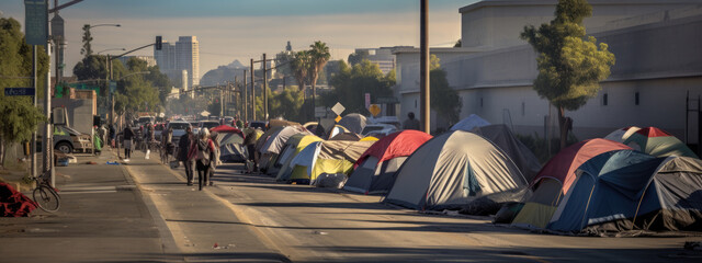 Homeless tent camp on a city street - obrazy, fototapety, plakaty
