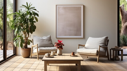Blank poster hanging on the wall inside the living room