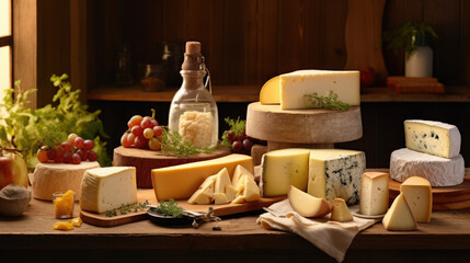 Set of different cheeses on wooden desk.