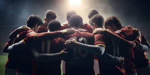 Soccer Players huddling in a circle on the field. Coach talking to a group of soccer players. Happy football team with their coach - Fictional character - Generative Ai - Powered by Adobe