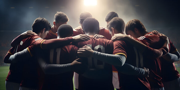 Fototapeta Soccer Players huddling in a circle on the field. Coach talking to a group of soccer players. Happy football team with their coach - Fictional character - Generative Ai