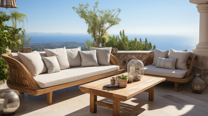 Sofa and coffee table in the open balcony of a luxurious house - obrazy, fototapety, plakaty