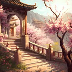 Chinese authentic palace beautiful terrace cherry blossom sunny day 