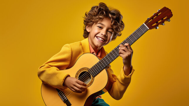 Teenage boy playing guitar on yellow background