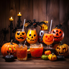 halloween party no people with various pumpkins and alcoholic drinks, autumn holidays background or greeting card