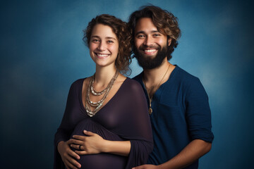 A pregnant woman and her spouse pose for a photo created with generative ai