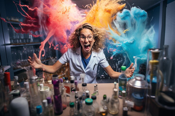 Eureka Moment: Scientist's Face Filled with Surprise and Delight as She Makes a Breakthrough Discovery in her Lab - obrazy, fototapety, plakaty