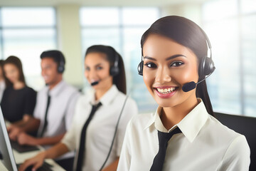 young woman working as a call center operator, wearing headphones with smile and good service