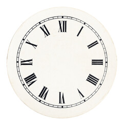 Real round 12-hour roman numeral clock face template on white background - obrazy, fototapety, plakaty