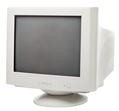 Vintage CRT computer monitor with black screen isolated on white background
