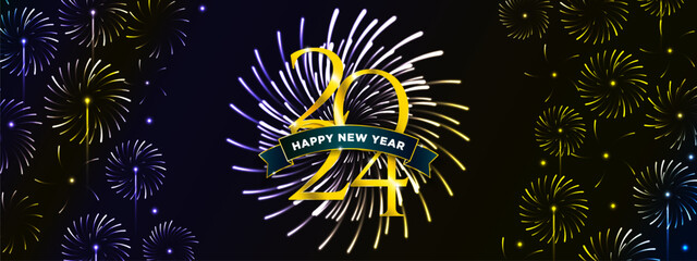 Gold 2024 Typographic Design Banner with Happy New Year greetings on colorful fireworks background. Vector Illustration. - obrazy, fototapety, plakaty