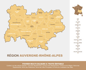 Carte de la région Auvergne-Rhône-Alpes, ses départements et ses villes