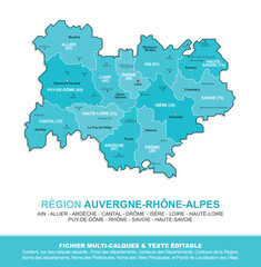 Carte de la région Auvergne-Rhône-Alpes, ses départements et ses villes