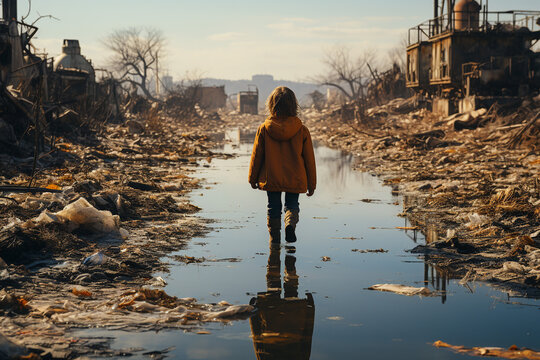 rear view child against the background of polluted nature, concept of environmental crisis, devastation, and environmental pollution