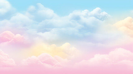 Colorful watercolor background of abstract sunset sky with puffy clouds in bright rainbow colors.