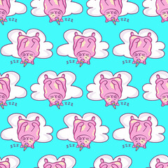 Sleeping Unicorn Cat on Cloud Vector Seamless Pattern