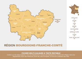 Carte de la région Bourgogne-Franche-Comté, ses départements et ses villes
