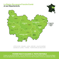 Carte de la région Bourgogne-Franche-Comté, ses départements et ses villes