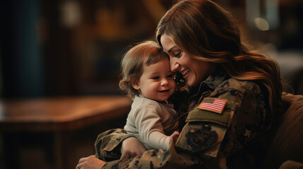Military woman reunited with her child - obrazy, fototapety, plakaty