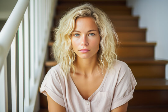 Empowering shot of a confident woman relaxing on her minimalist staircase, basking in natural light.