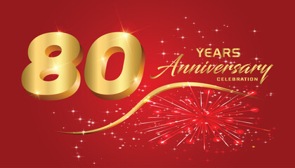 Celebrate the 80th anniversary with gold 3D letters, gold ribbons on a red background.