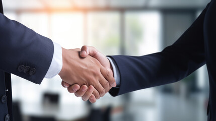 Close-up two businessmen shake hands in office.Created with Generative AI technology.