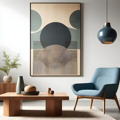 Blue armchair near wooden long coffee table, big art canvas poster frame. Mid-century interior design of modern living room