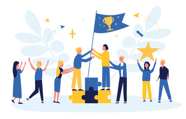 Business concept. Team metaphor. Flat illustration. Teamwork, collaboration, partnership.Achieving goals, flag as a symbol of success and height.Businessmen working together and moving towards success