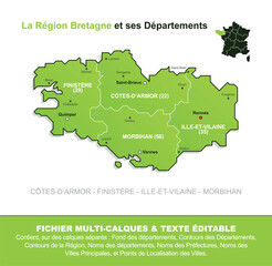 Carte de la r&eacute;gion Bretagne, ses d&eacute;partements et ses villes