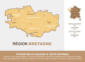 Carte de la région Bretagne, ses départements et ses villes
