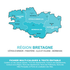 Carte de la région Bretagne, ses départements et ses villes - obrazy, fototapety, plakaty