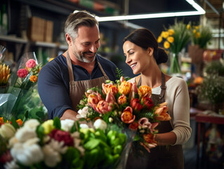 Radiant Florist Crafting a Beautiful Bouquet as a Customer Watches with Delight, Capturing the Essence of Nature's Beauty and Personal Connection