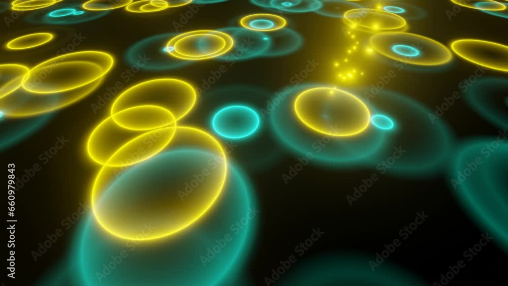 Poster neon glowing dynamic circles on a plane in a dark space. simple animated background. modern multicol