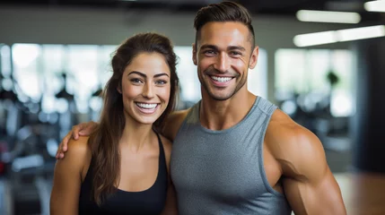 Fototapeten Portrait of sports man and woman training together in a gym © MP Studio