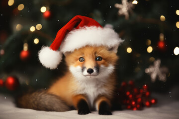 Portrait of an adorable festive Christmas fox wearing a Santa hat in a winter scene