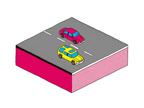 90年代の車が道路を走るイメージイラスト素材