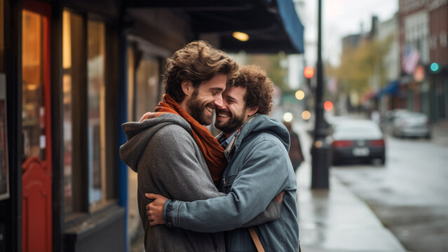 Adorable photo of a gay couple hugging on the street