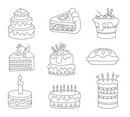 Birthday sweet cake. Coloring Page. Pastry product. Tasty dessert. Happy party. Vector drawing. Collection of design elements.