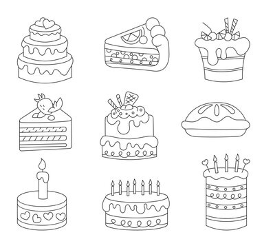 Birthday sweet cake. Coloring Page. Pastry product. Tasty dessert. Happy party. Vector drawing. Collection of design elements.