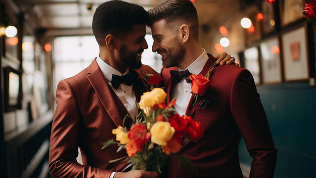 Adorable photo of gay couple wearing suits at wedding